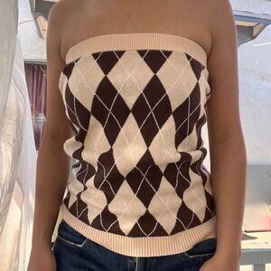 Argyle Strapless Sweater Tube Top - Brown and Cream - S - almost never used